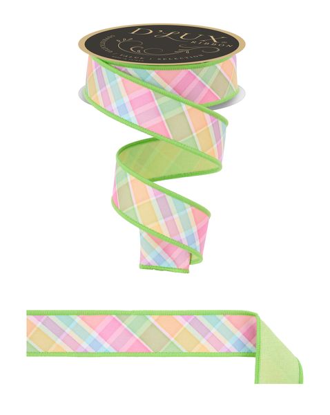 Ivory, Green, Pink, & Yellow Bold Plaid Fused Ribbon - 1.5" - Greenery MarketLX1162RT