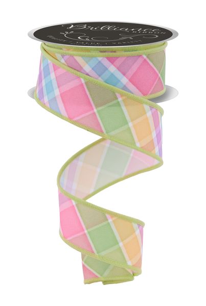 Ivory, Green, Pink, & Yellow Bold Plaid Ribbon - 1.5" - Greenery MarketLS1162RT