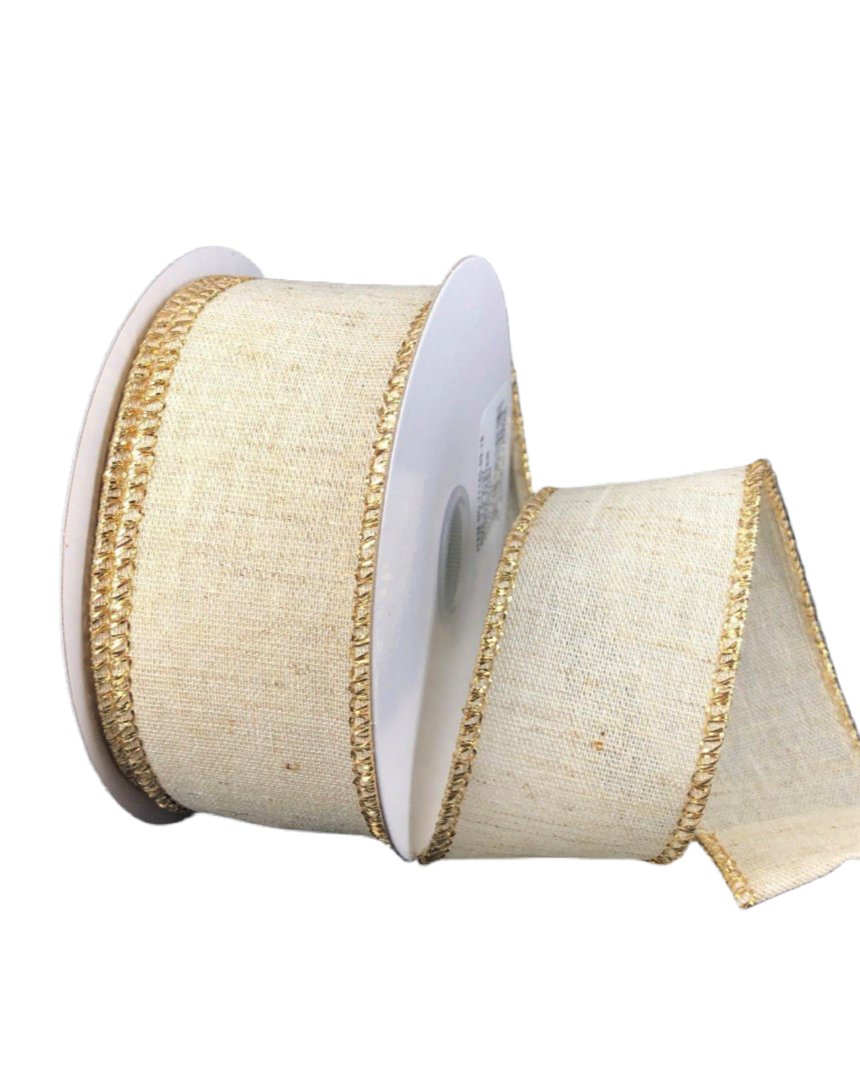Ivory linen with gold edge wired ribbon, 1.5