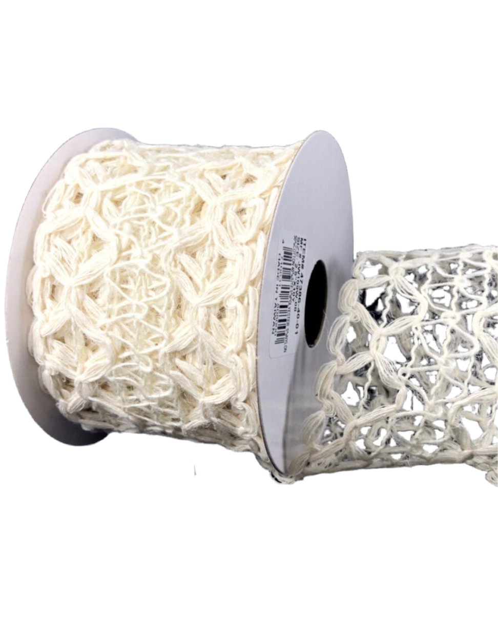 Ivory Natural squiggle open weave wired ribbon, 2.5