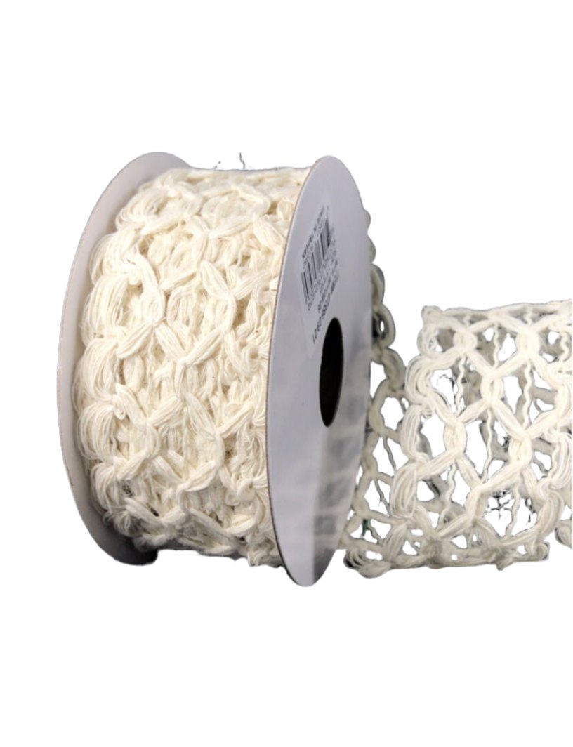Ivory squiggle open weave wired ribbon, 1.5