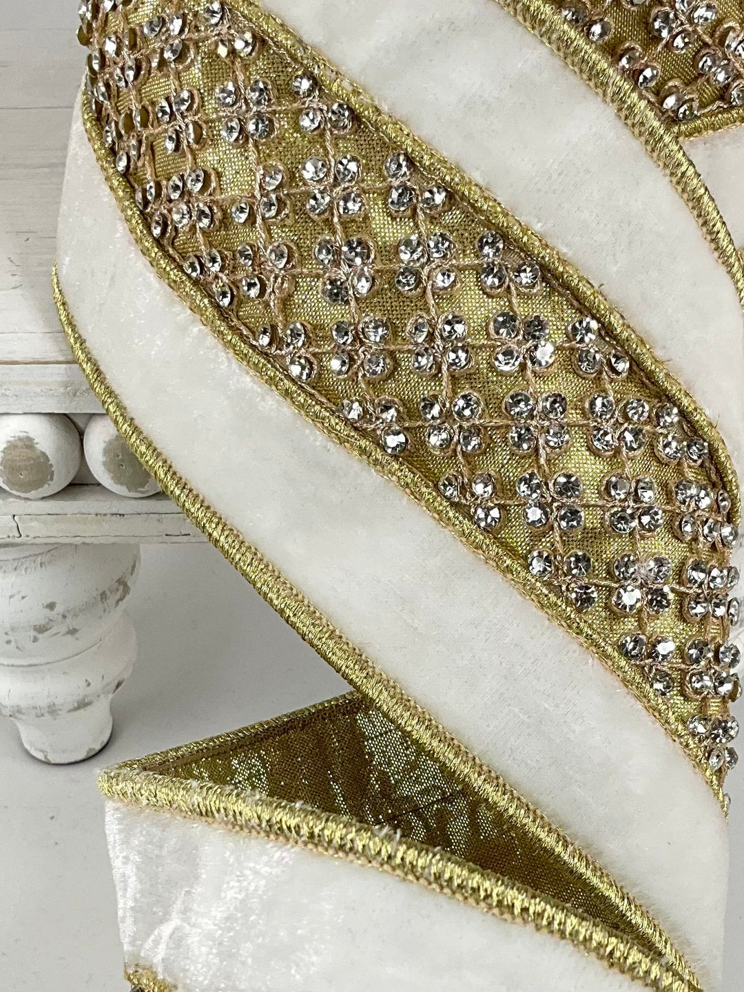 Ivory Velvet And Crystal Trellis Farrisilk Wired Ribbon - 4" - Greenery MarketRibbons & TrimRK735-62