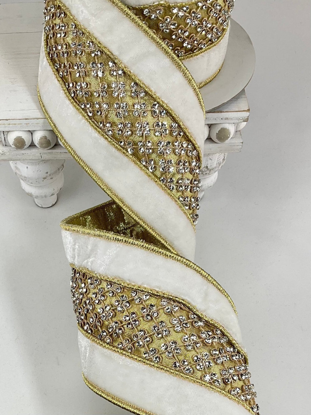 Ivory Velvet And Crystal Trellis Farrisilk Wired Ribbon - 4" - Greenery MarketRibbons & TrimRK735-62