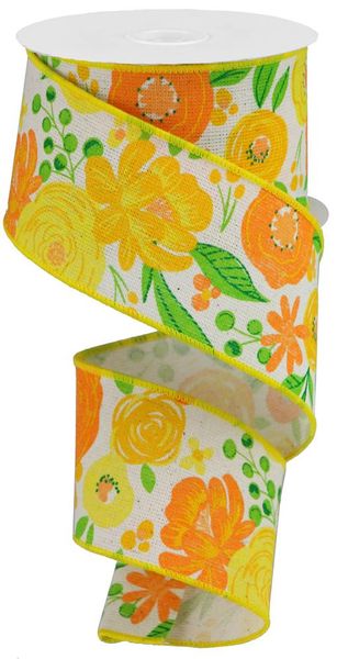 Ivory, Yellow, Gold, Orange, & Green Bold Blooms On Cotton Ribbon - 2.5" - Greenery MarketWired RibbonRGA1685J8