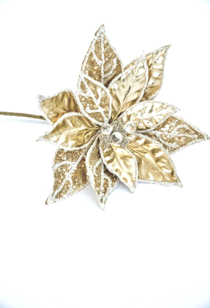 Jeweled and beaded poinsettia stem - gold - Greenery MarketXG841 - GO