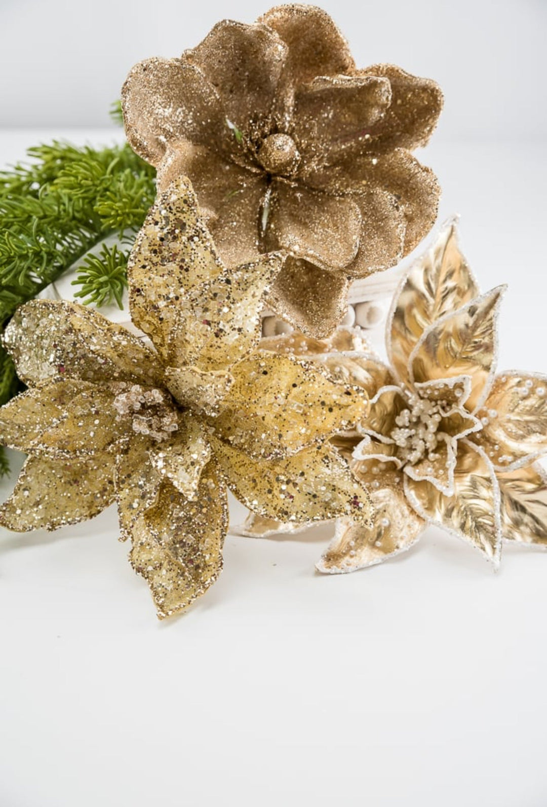 Jeweled and beaded poinsettia stem with pearls - gold - Greenery MarketXg844 - go