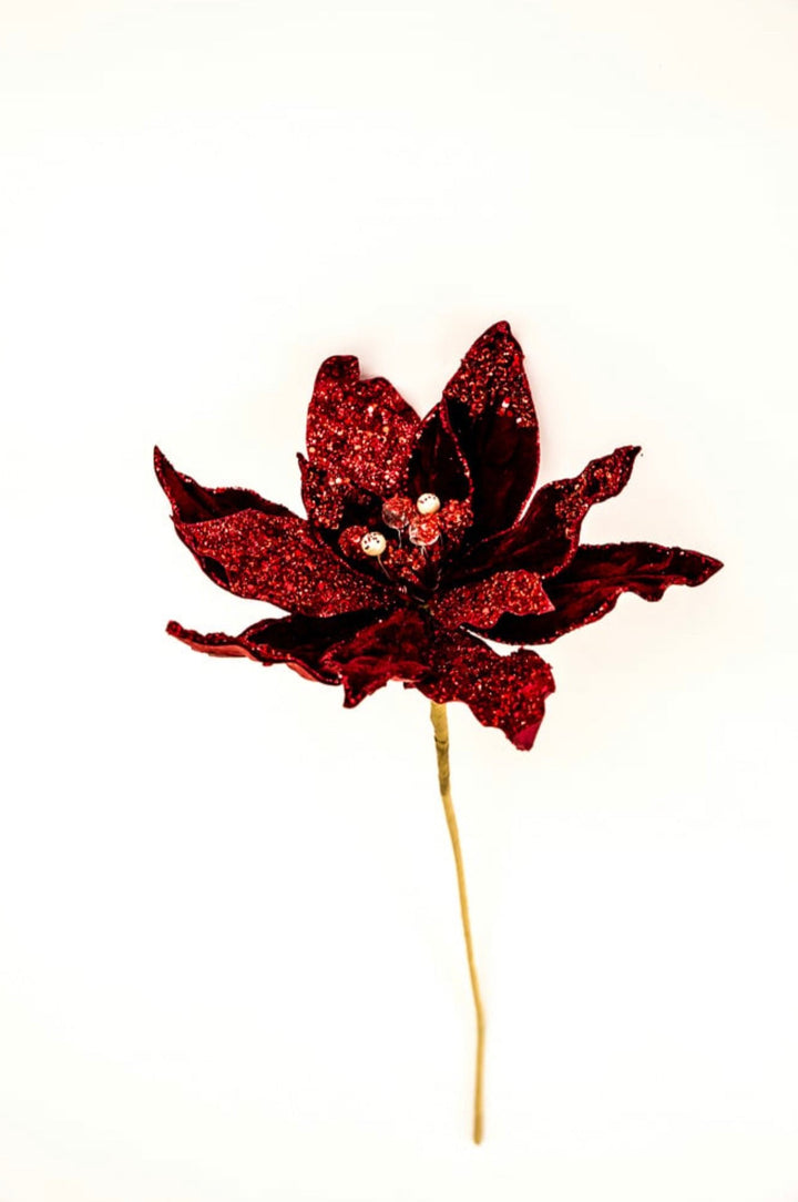 Jeweled and beaded velvet poinsettia stem - burgundy - Greenery MarketXg982 - bur