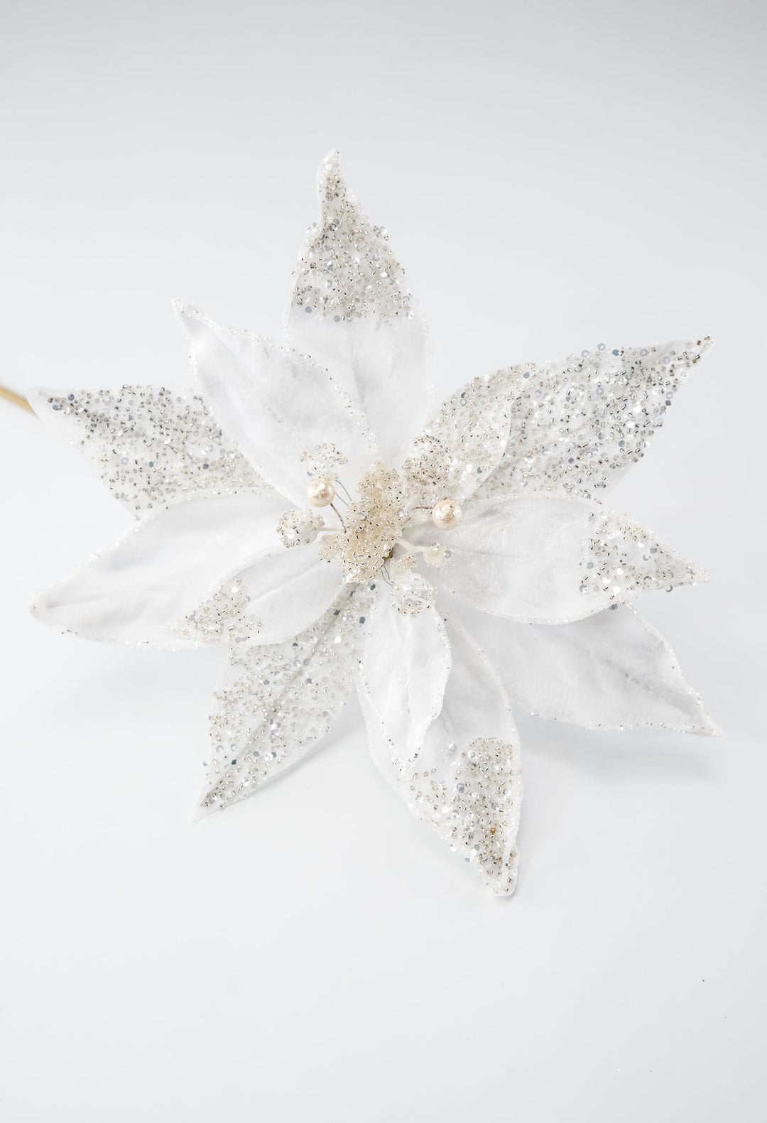 Jeweled and beaded velvet poinsettia stem - white - Greenery MarketXg982 - w