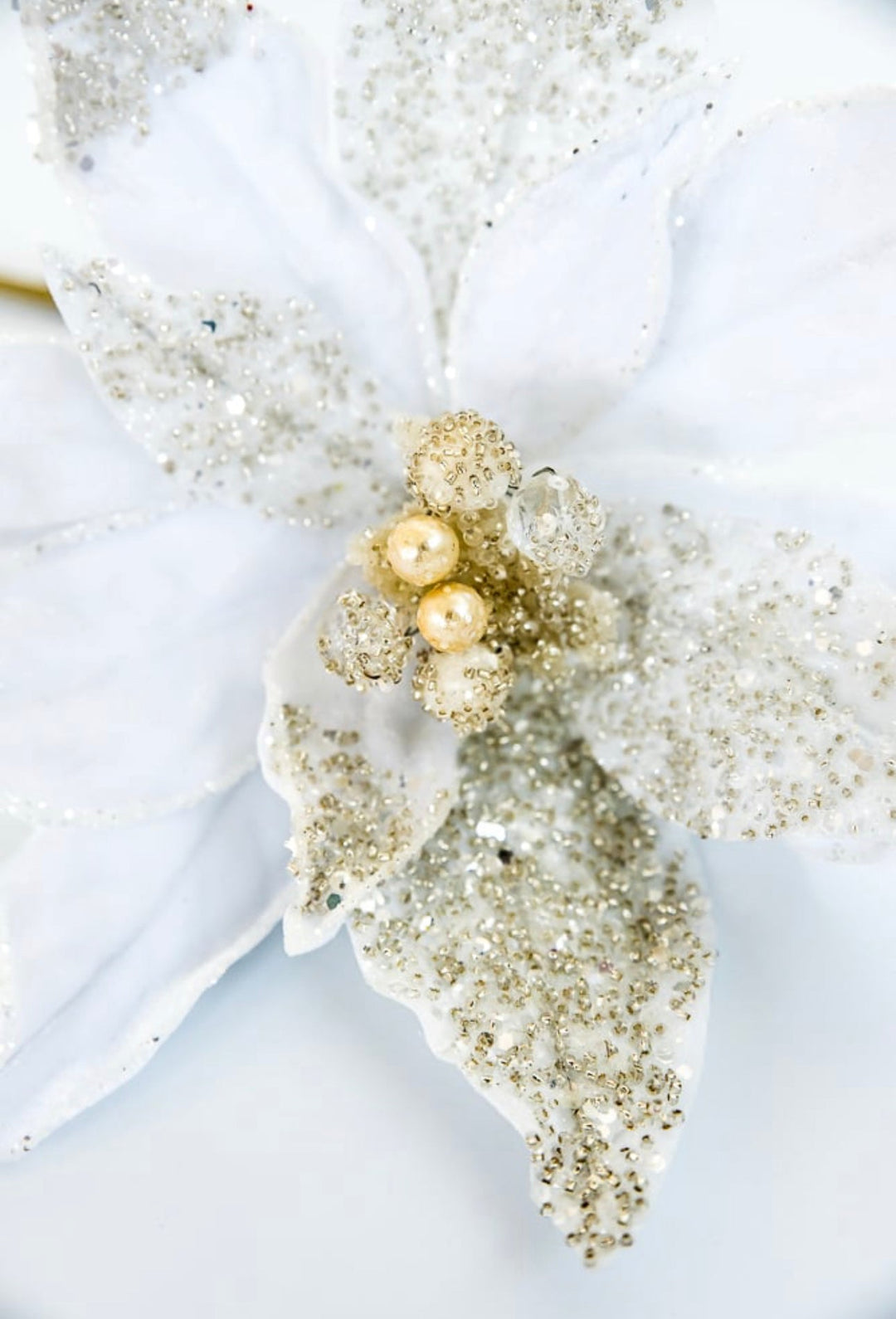 Jeweled and beaded velvet poinsettia stem - white - Greenery MarketXg982 - w