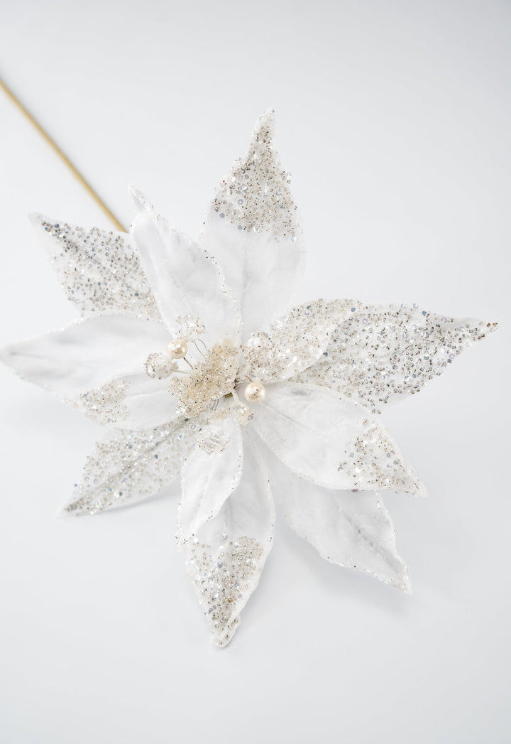 Jeweled and beaded velvet poinsettia stem - white - Greenery MarketXg982 - w