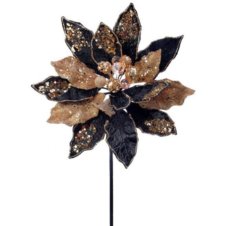 Jeweled encrusted velvet poinsettia stem - black gold - Greenery MarketMTX72652 BKGD