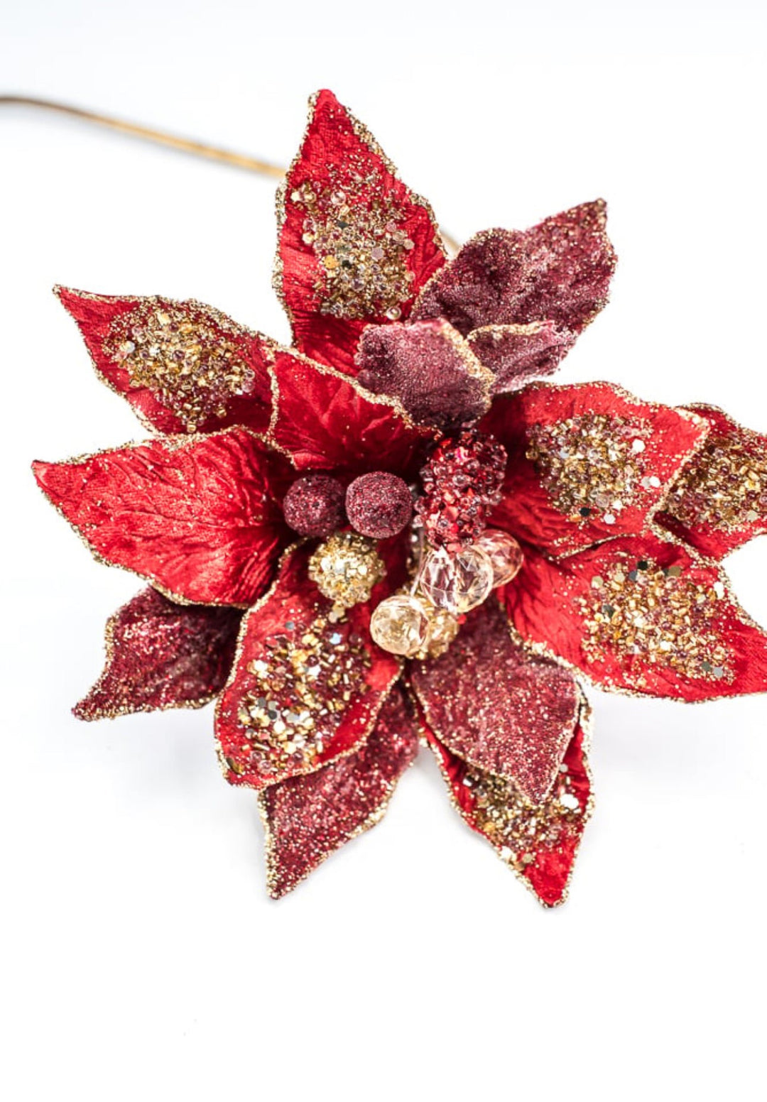 Jeweled encrusted velvet poinsettia stem - red gold - Greenery MarketMTX72651 RDGD