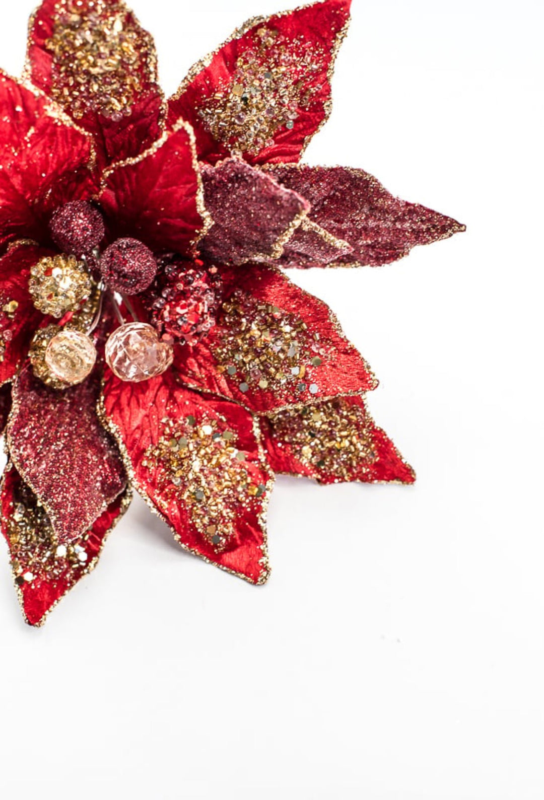Jeweled encrusted velvet poinsettia stem - red gold - Greenery MarketMTX72651 RDGD
