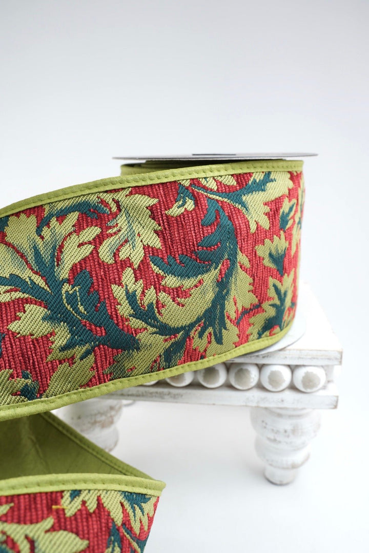 John Mark, Acanthus Jacquard With Fused Piping, Wired Ribbon - 4" - Greenery MarketWired RibbonJME-WN25-098-APPLE/RED-4