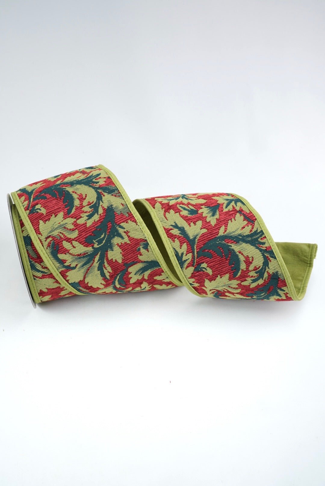 John Mark, Acanthus Jacquard With Fused Piping, Wired Ribbon - 4" - Greenery MarketWired RibbonJME-WN25-098-APPLE/RED-4