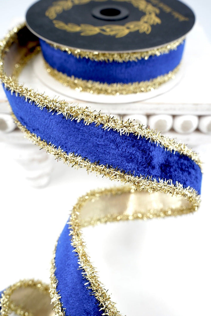John Mark, Blue Velvet Metallic Dupion Tinsel Edge Wired Ribbon - 1" - Greenery MarketWired RibbonJME-WN25-063-BLUE-1