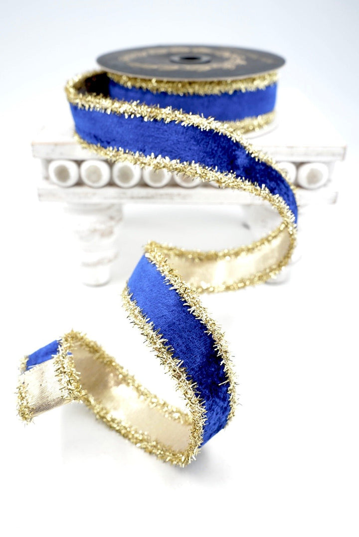 John Mark, Blue Velvet Metallic Dupion Tinsel Edge Wired Ribbon - 1" - Greenery MarketWired RibbonJME-WN25-063-BLUE-1