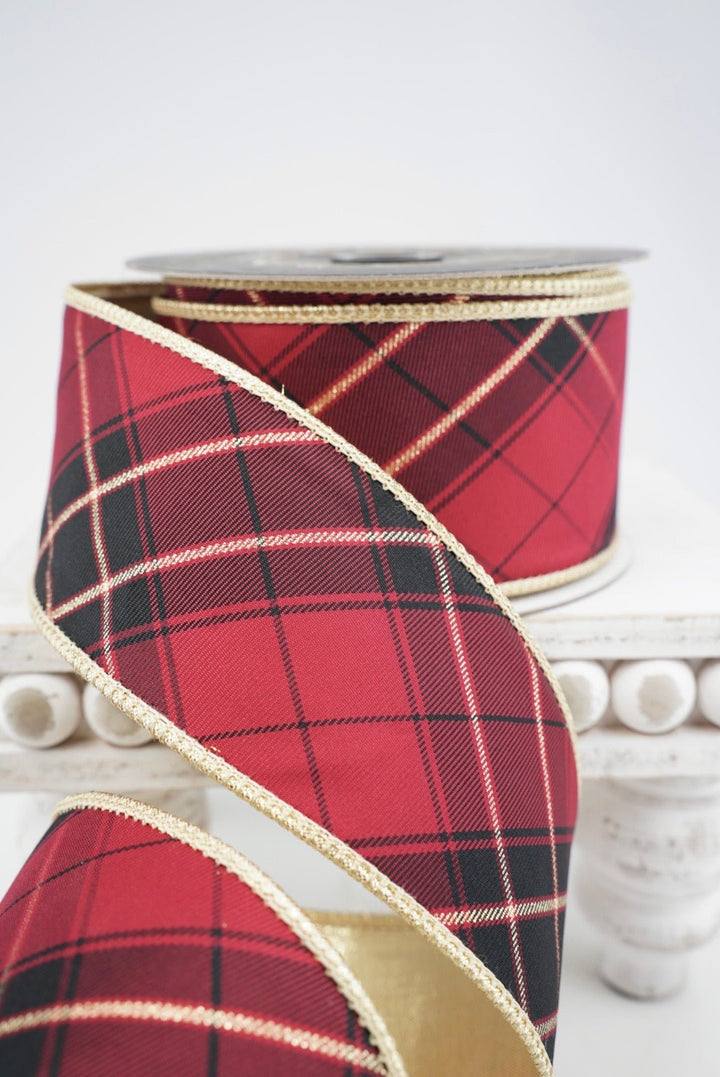 John Mark, Burgundy & Gold Plaid Wired Ribbon - 2.5" - Greenery MarketWired RibbonJME-WN25-099-BURG-2.5
