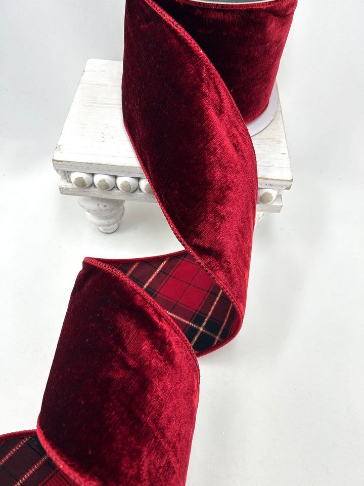 John Mark, Burgundy Velvet & Plaid Back Wired Ribbon - 4” - Greenery MarketWired RibbonJME-WN25-058-BURG-4