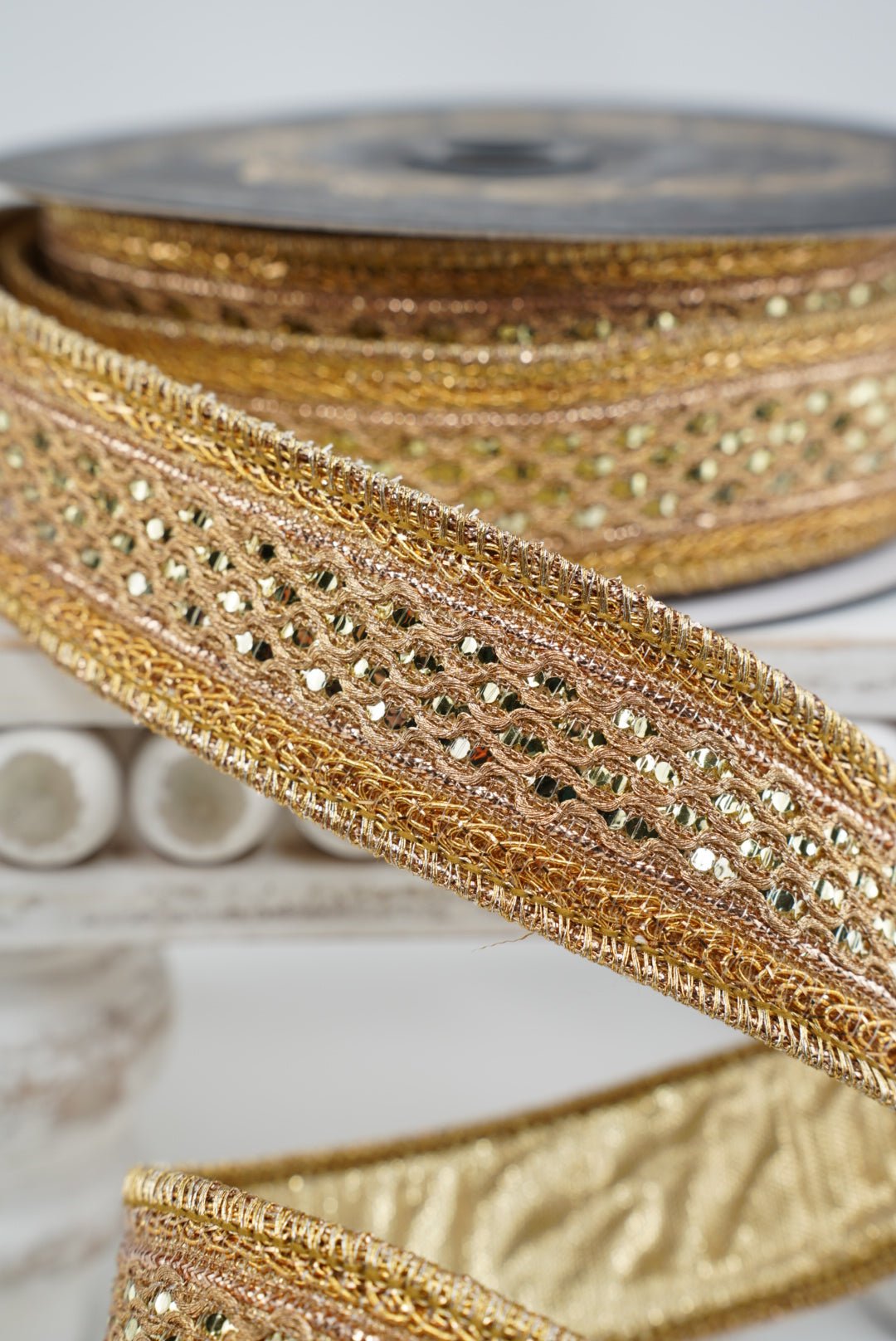 John Mark, Gold Jeweled Metallic Dupion Trim Wired Ribbon - 1.5" l - Greenery MarketWired RibbonJME-WN25-075-GOLD-1