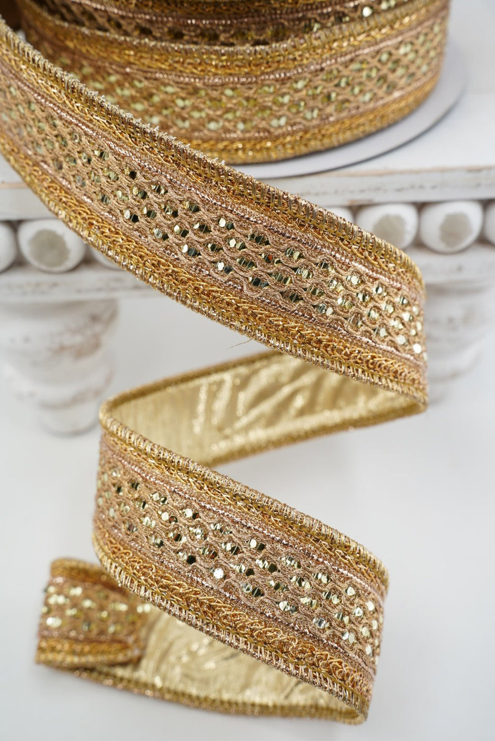 John Mark, Gold Jeweled Metallic Dupion Trim Wired Ribbon - 1.5" l - Greenery MarketWired RibbonJME-WN25-075-GOLD-1