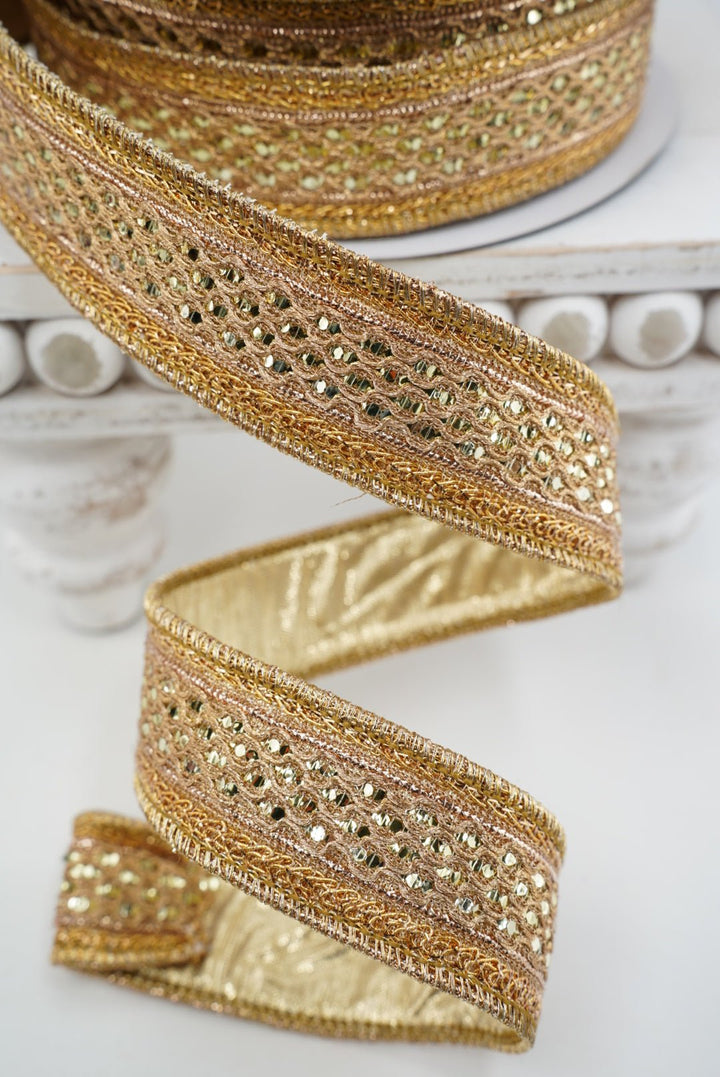 John Mark, Gold Jeweled Metallic Dupion Trim Wired Ribbon - 1.5" l - Greenery MarketWired RibbonJME-WN25-075-GOLD-1