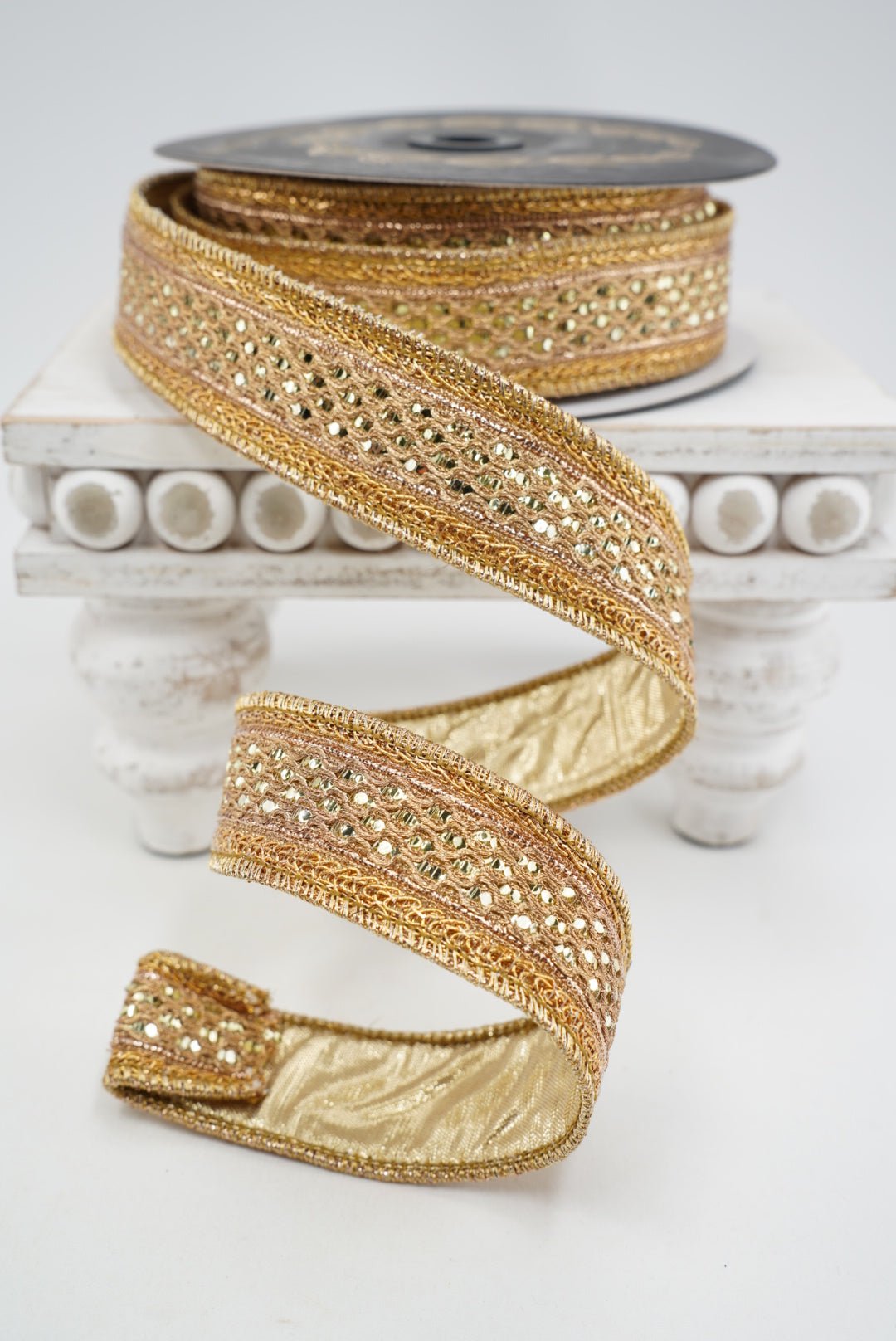John Mark, Gold Jeweled Metallic Dupion Trim Wired Ribbon - 1.5" l - Greenery MarketWired RibbonJME-WN25-075-GOLD-1