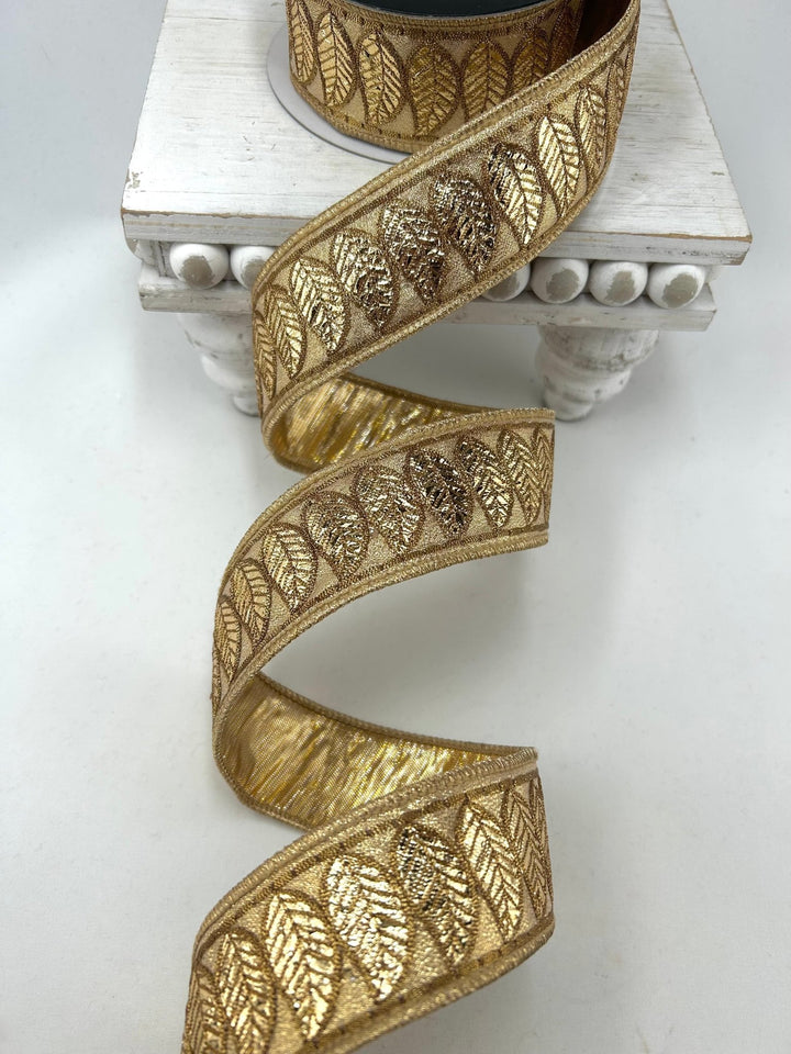 John Mark, Gold Leaf Trim Metallic Dupion Trim Wired Ribbon 1.5” - Greenery MarketWired RibbonJME-WN25-070-GOLD-1.5