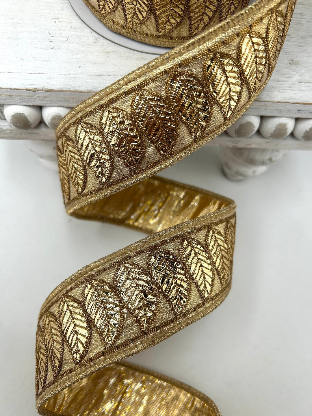 John Mark, Gold Leaf Trim Metallic Dupion Trim Wired Ribbon 1.5” - Greenery MarketWired RibbonJME-WN25-070-GOLD-1.5