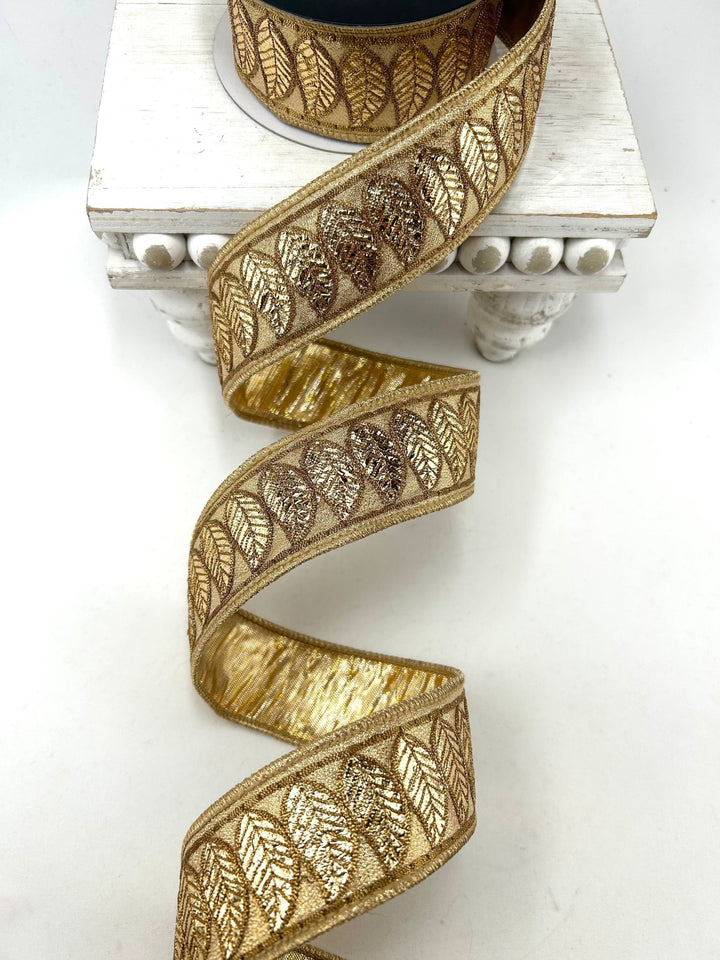 John Mark, Gold Leaf Trim Metallic Dupion Trim Wired Ribbon 1.5” - Greenery MarketWired RibbonJME-WN25-070-GOLD-1.5