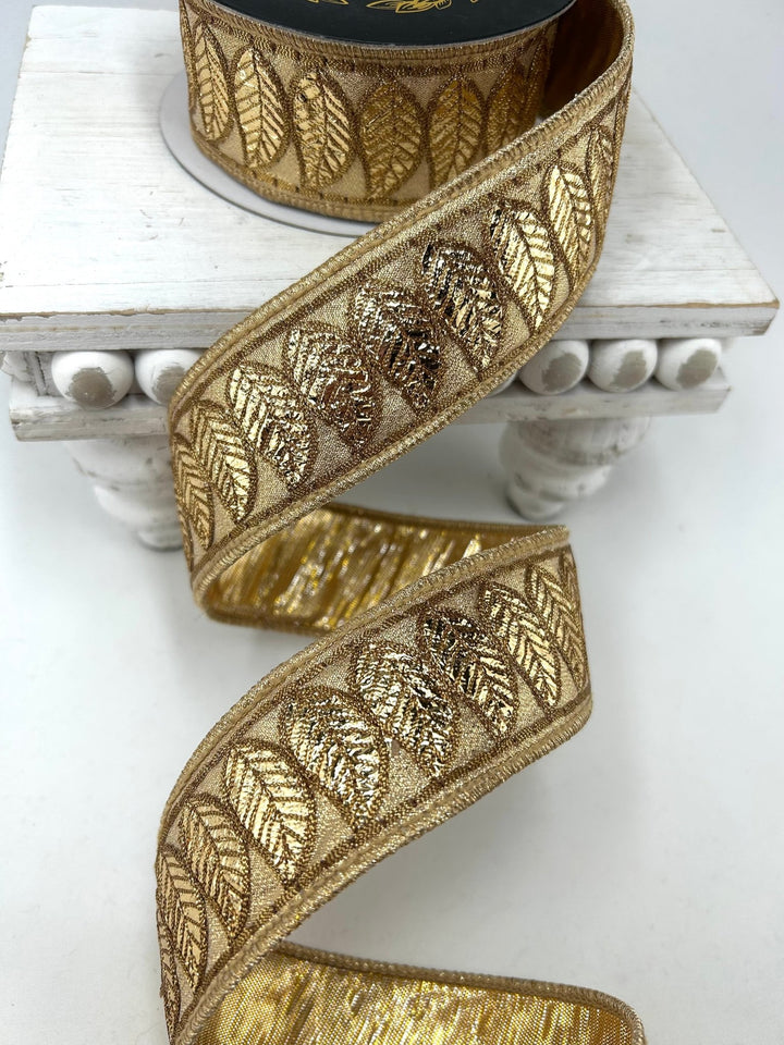 John Mark, Gold Leaf Trim Metallic Dupion Trim Wired Ribbon 1.5” - Greenery MarketWired RibbonJME-WN25-070-GOLD-1.5