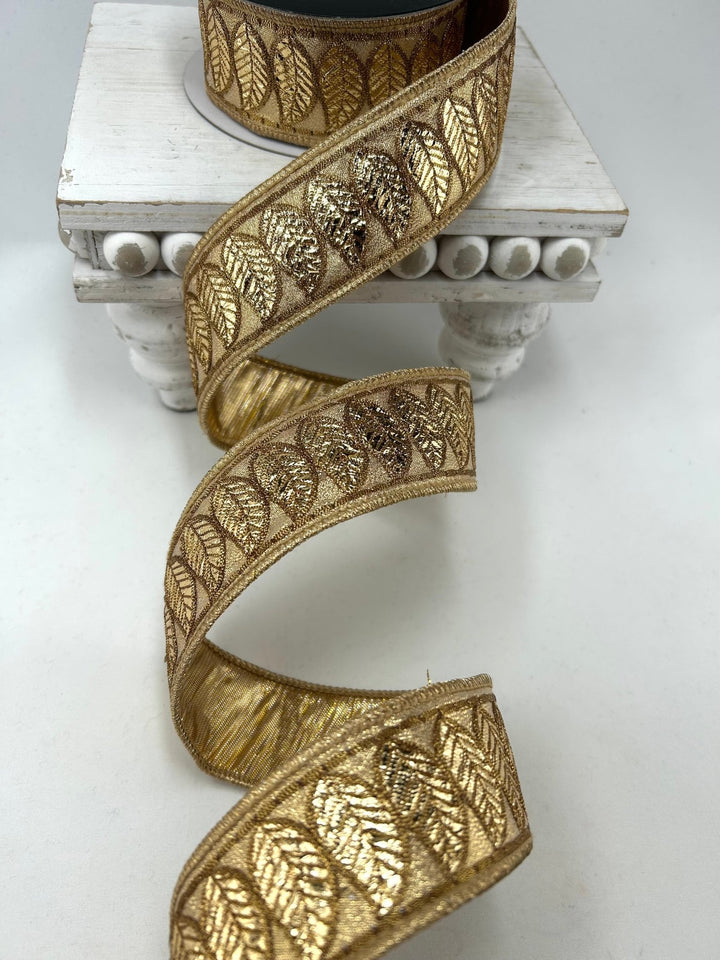 John Mark, Gold Leaf Trim Metallic Dupion Trim Wired Ribbon 1.5” - Greenery MarketWired RibbonJME-WN25-070-GOLD-1.5