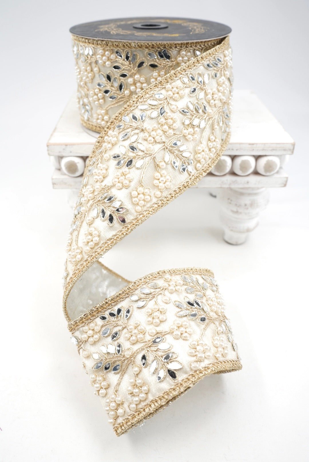John Mark, Gold & Platinum Jeweled Pearl Mirror Trim Wired Ribbon - 2.5" - Greenery MarketWired RibbonJME-WN25-082-GOLD-2.5