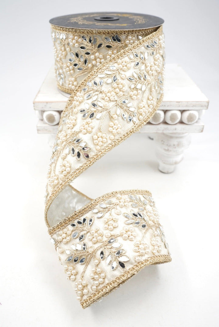 John Mark, Gold & Platinum Jeweled Pearl Mirror Trim Wired Ribbon - 2.5" - Greenery MarketWired RibbonJME-WN25-082-GOLD-2.5