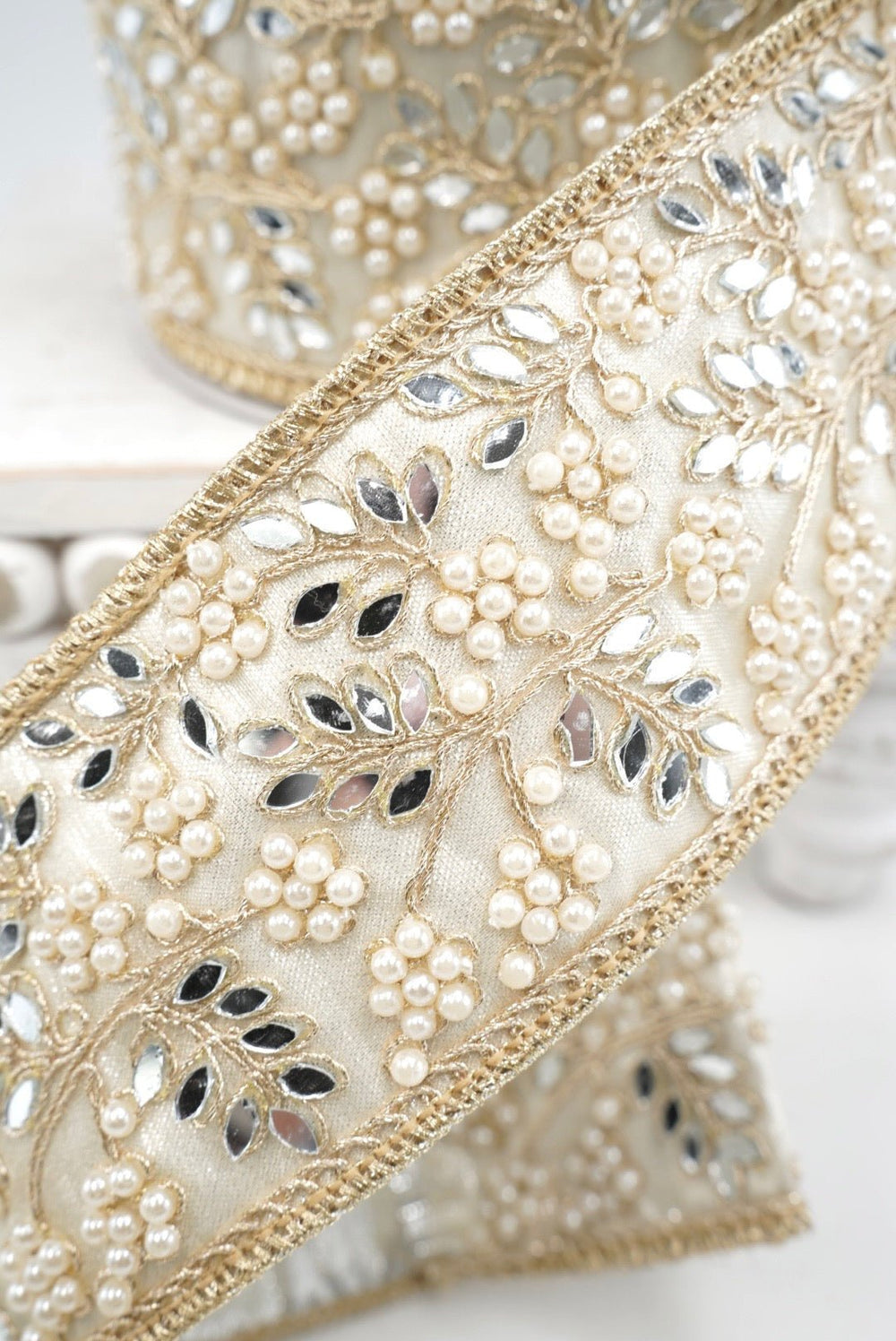 John Mark, Gold & Platinum Jeweled Pearl Mirror Trim Wired Ribbon - 2.5" - Greenery MarketWired RibbonJME-WN25-082-GOLD-2.5