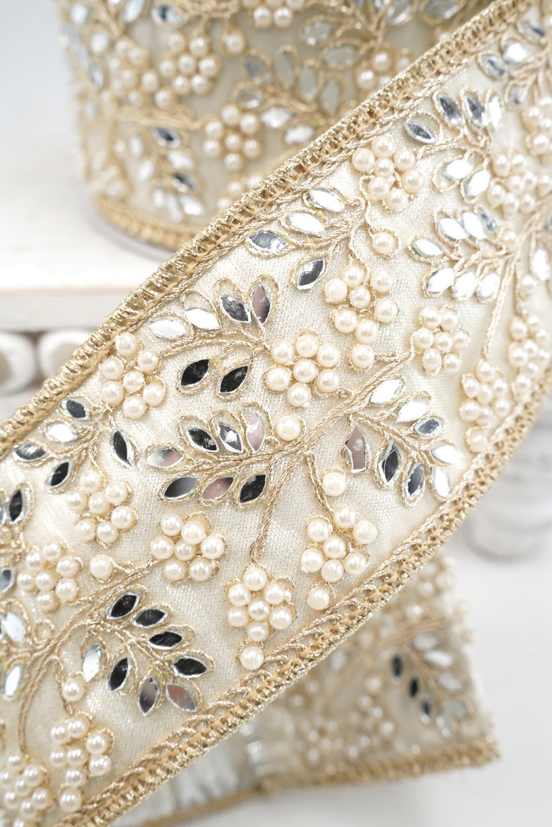 John Mark, Gold & Platinum Jeweled Pearl Mirror Trim Wired Ribbon - 2.5" - Greenery MarketWired RibbonJME-WN25-082-GOLD-2.5