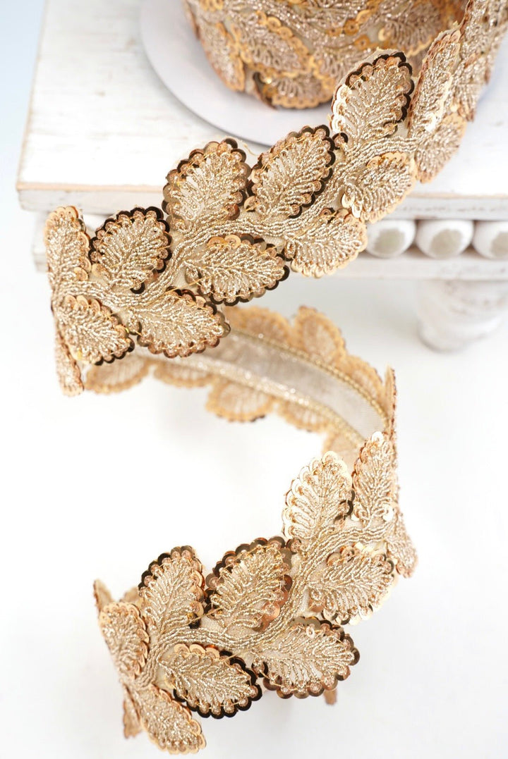 John Mark, Gold & Platinum Sequin Leaf Metallic Dupion Trim Wired Ribbon - Greenery MarketWired RibbonJME-WN25-083-GOLD-1
