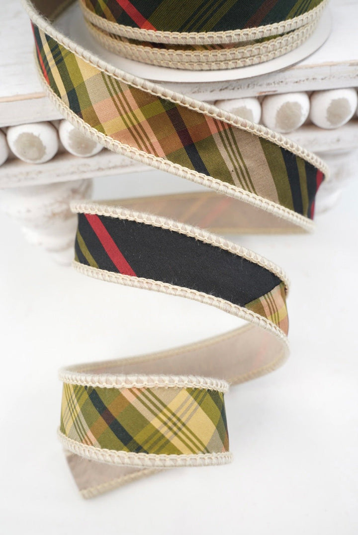 John Mark, Green Huntington Plaid Taffeta Wired Ribbon - 1" - Greenery MarketWired RibbonJME-WN25-040-GREEN-1