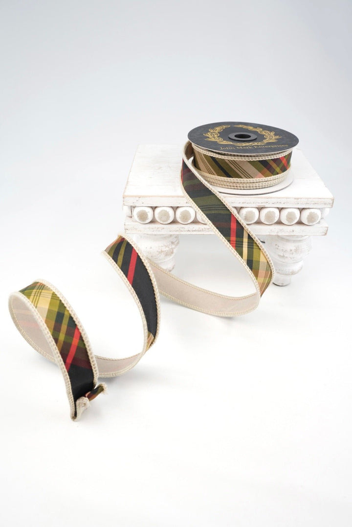 John Mark, Green Huntington Plaid Taffeta Wired Ribbon - 1" - Greenery MarketWired RibbonJME-WN25-040-GREEN-1