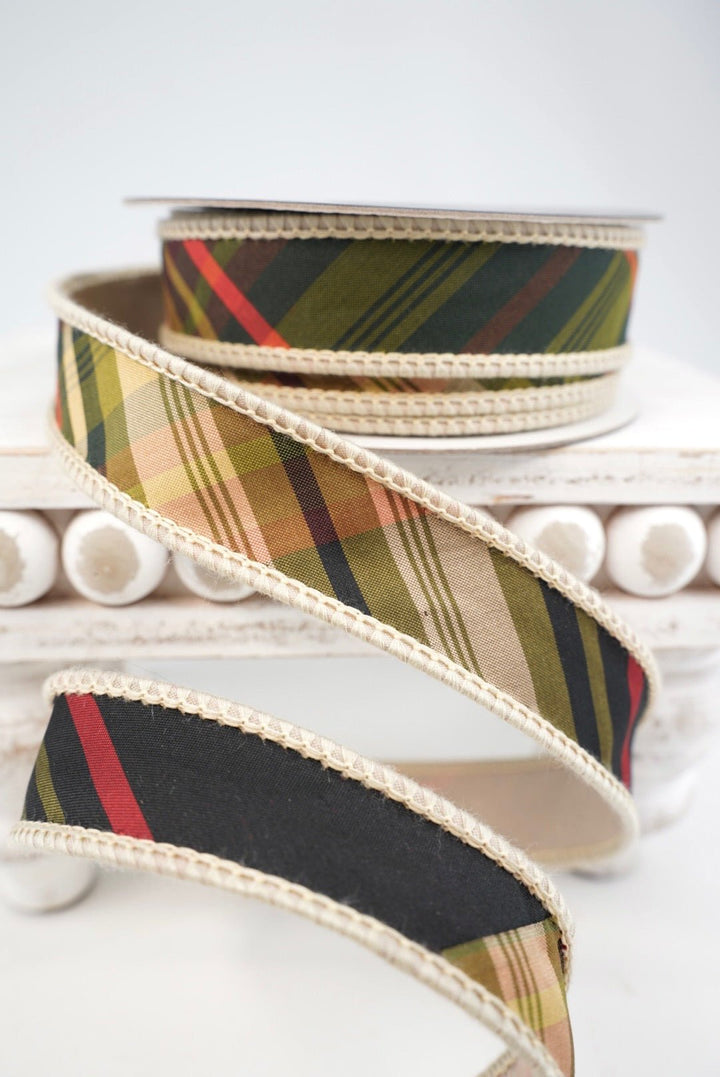 John Mark, Green Huntington Plaid Taffeta Wired Ribbon - 1" - Greenery MarketWired RibbonJME-WN25-040-GREEN-1