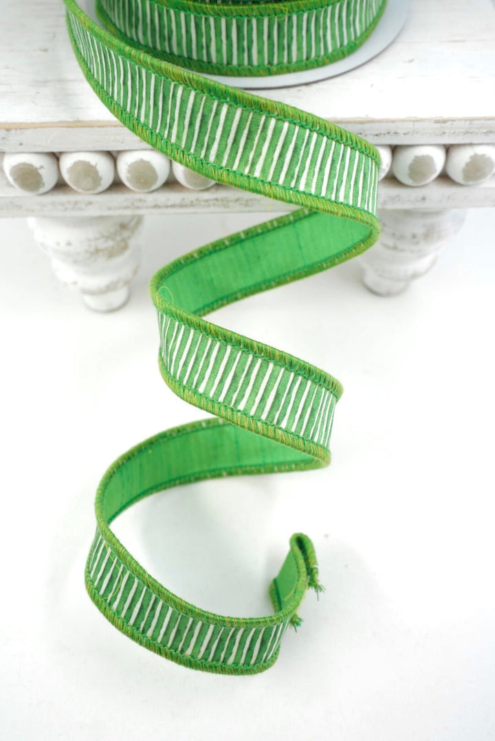 John Mark, Green Mini Stripe Dupion Wired Ribbon - 1" - Greenery MarketWired RibbonJME-WN25-104-GRN-1