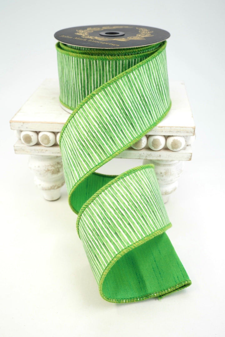 John Mark, Green Mini Stripe Dupion Wired Ribbon - 2.5" - Greenery MarketWired RibbonJME-WN25-104-GRN-2.5