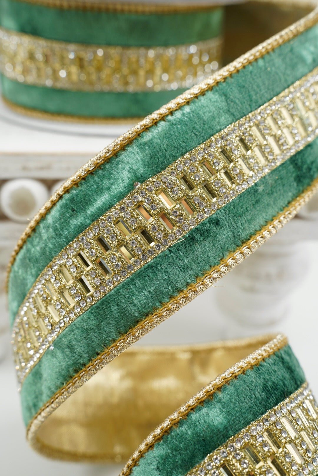 John Mark, Green Velvet Trim Wired Ribbon - 1.5" - Greenery MarketWired RibbonJME-WN25-020-GRN-1.5