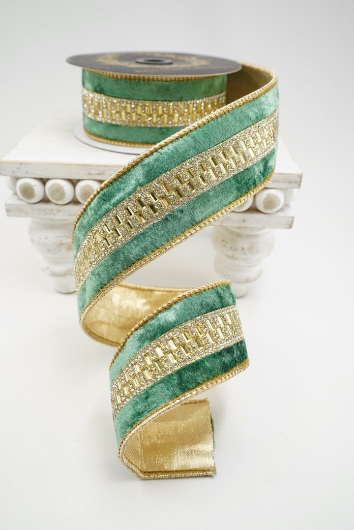 John Mark, Green Velvet Trim Wired Ribbon - 1.5" - Greenery MarketWired RibbonJME-WN25-020-GRN-1.5