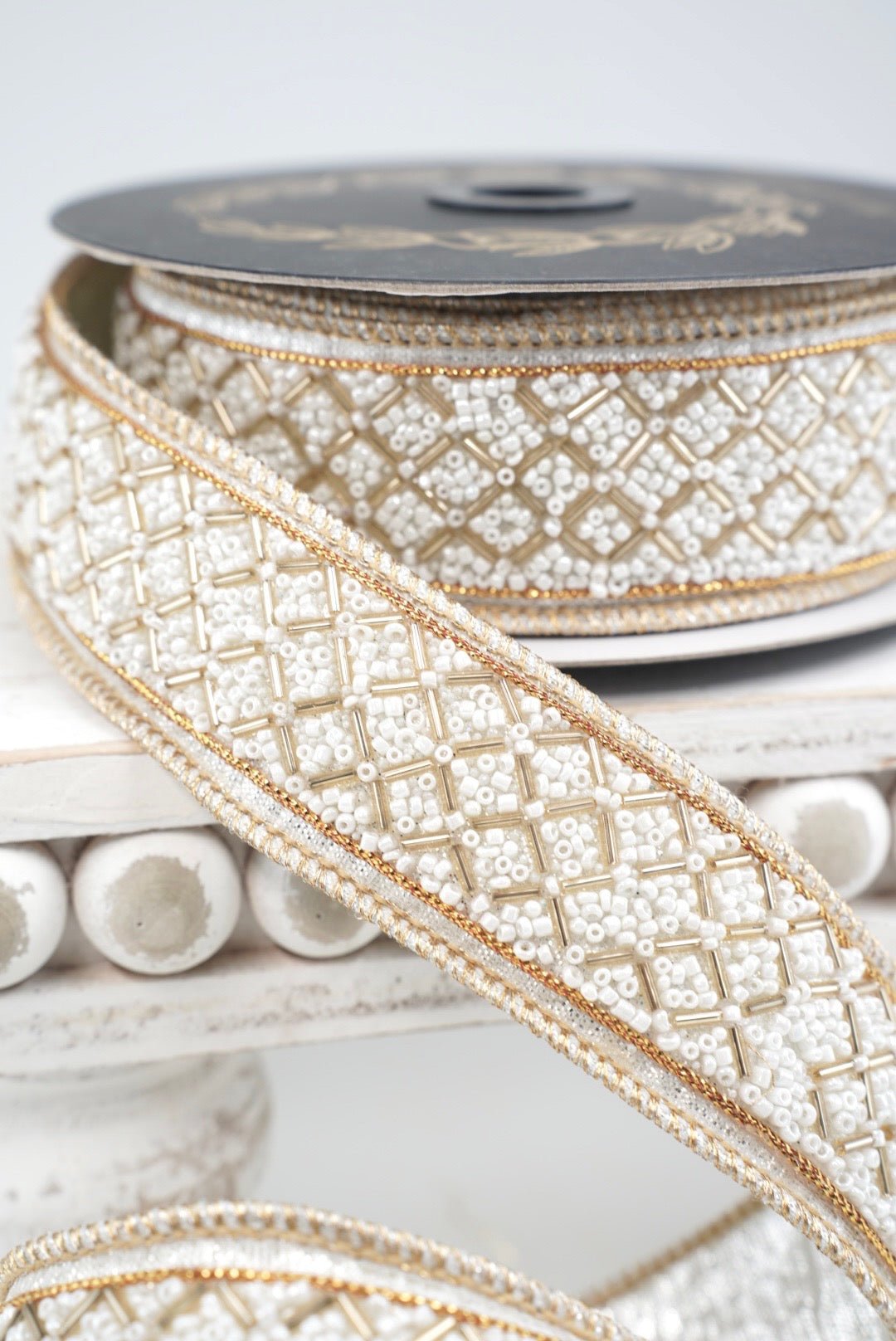 John Mark, Ivory & Gold Beaded Metallic Dupion Trim Wired Ribbon - 1.5" - Greenery MarketWired RibbonJME-WN25-079-IVORY-1.5