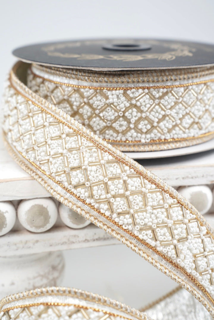 John Mark, Ivory & Gold Beaded Metallic Dupion Trim Wired Ribbon - 1.5" - Greenery MarketWired RibbonJME-WN25-079-IVORY-1.5