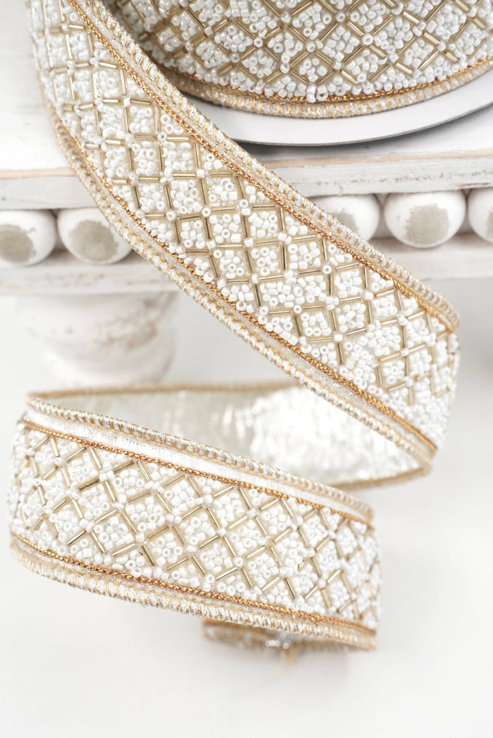 John Mark, Ivory & Gold Beaded Metallic Dupion Trim Wired Ribbon - 1.5" - Greenery MarketWired RibbonJME-WN25-079-IVORY-1.5