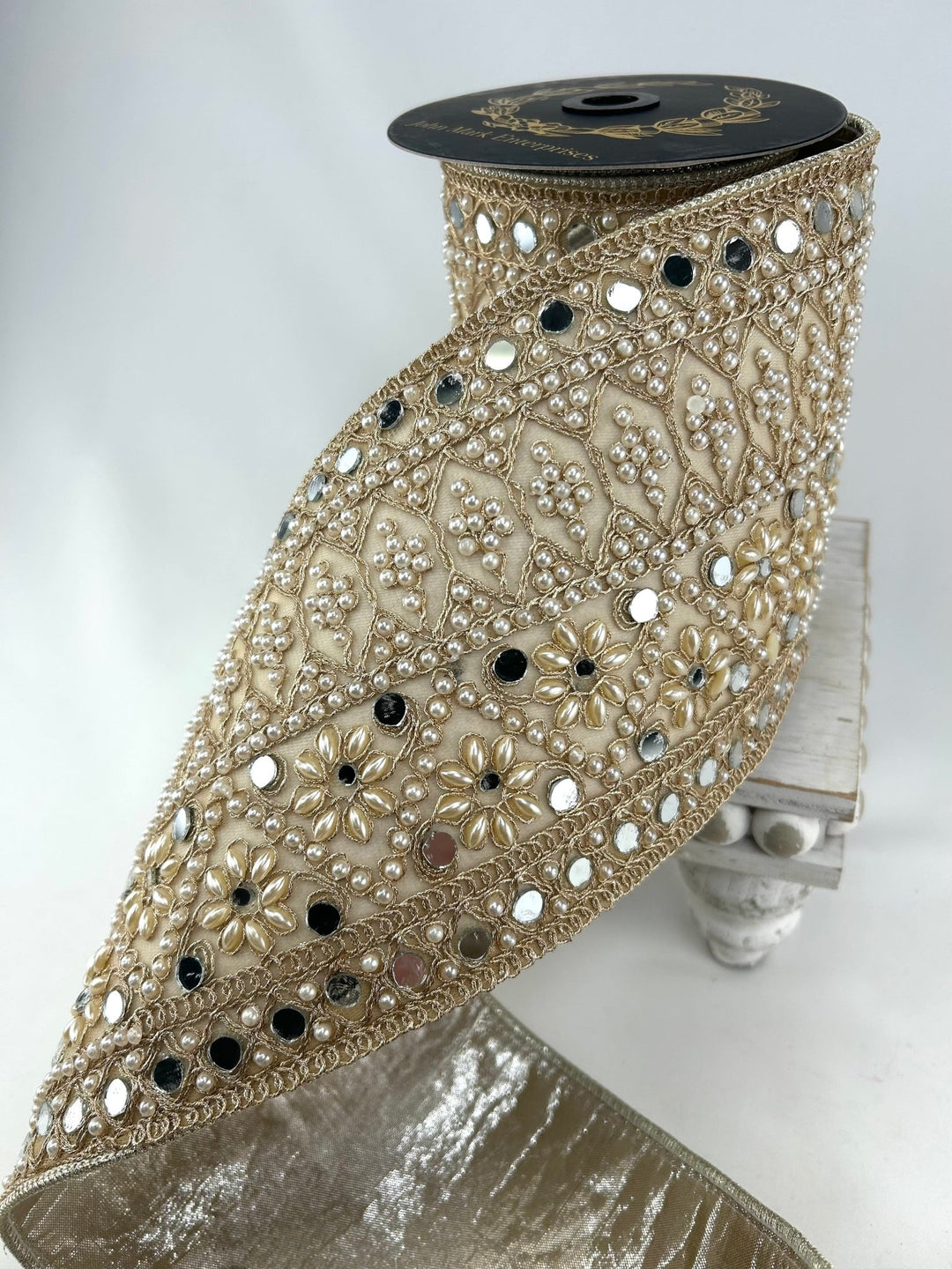 John Mark, Jeweled Pearl Mirror Dupion Wired Ribbon - 5” - Greenery MarketWired RibbonJME-WN25-076-GOLD-5