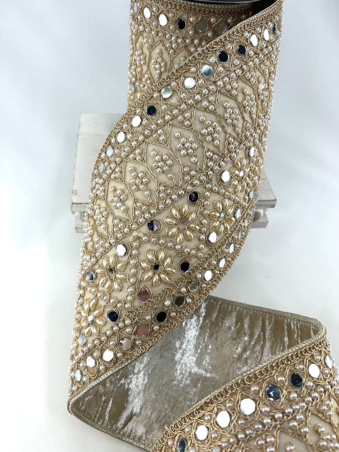 John Mark, Jeweled Pearl Mirror Dupion Wired Ribbon - 5” - Greenery MarketWired RibbonJME-WN25-076-GOLD-5