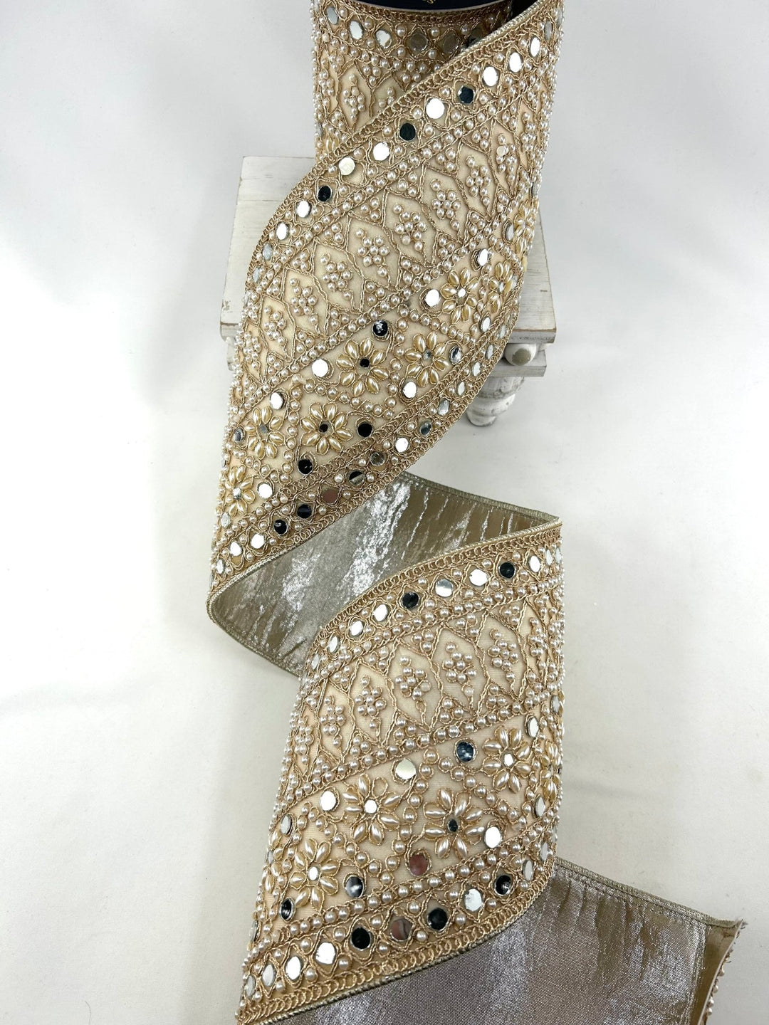 John Mark, Jeweled Pearl Mirror Dupion Wired Ribbon - 5” - Greenery MarketWired RibbonJME-WN25-076-GOLD-5